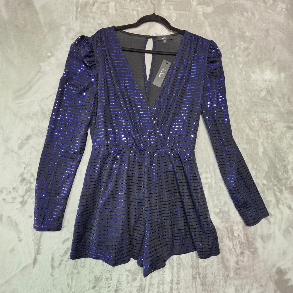 Lulus Womens XL Blue Black Sequin Striped Long Sleeve Surplice Romper NWT
